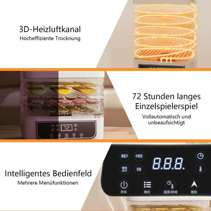 Dörrgerät, Multifunktionaler Obsttrockner mit 5 Fächern, 72-Stunden-Timer Obsttrockner mit LED-Anzei