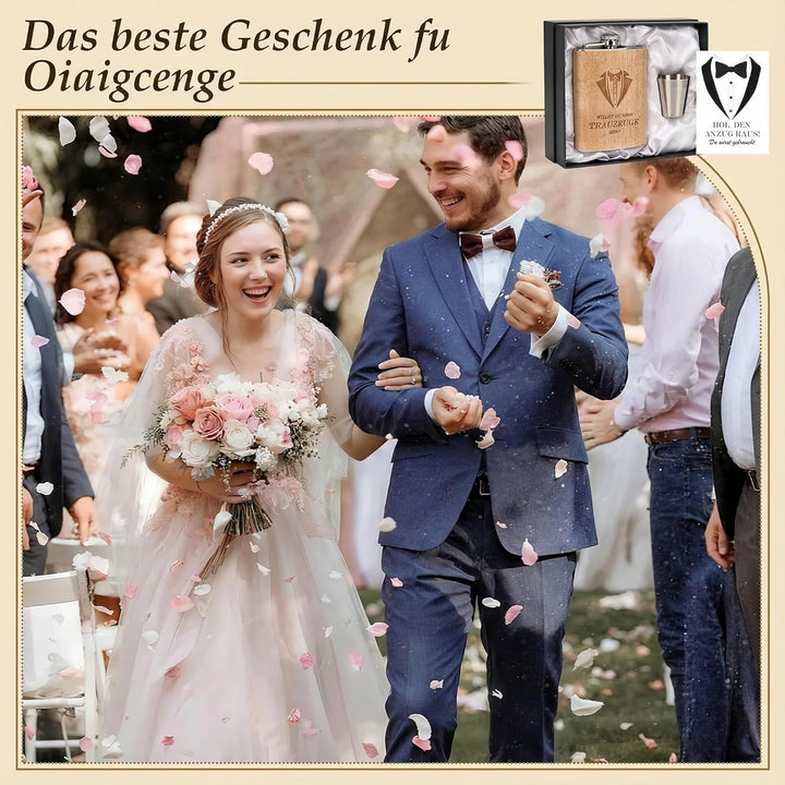 Flachmann Geschenkset 8oz mit Gravur – Edelstahl Flachmann, 4 Becher, Trichter & Geschenkbox für Tra