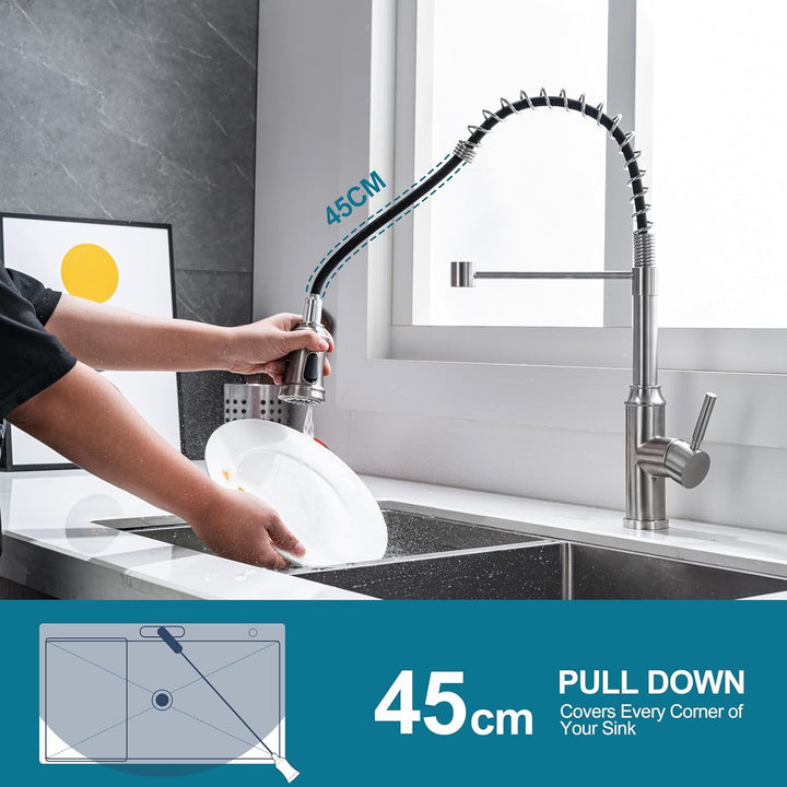 Wasserhahn Küche Ausziehbar, Hochdruck Küchenarmatur mit Brause und hohem Bogen, Mischbatterie Küche