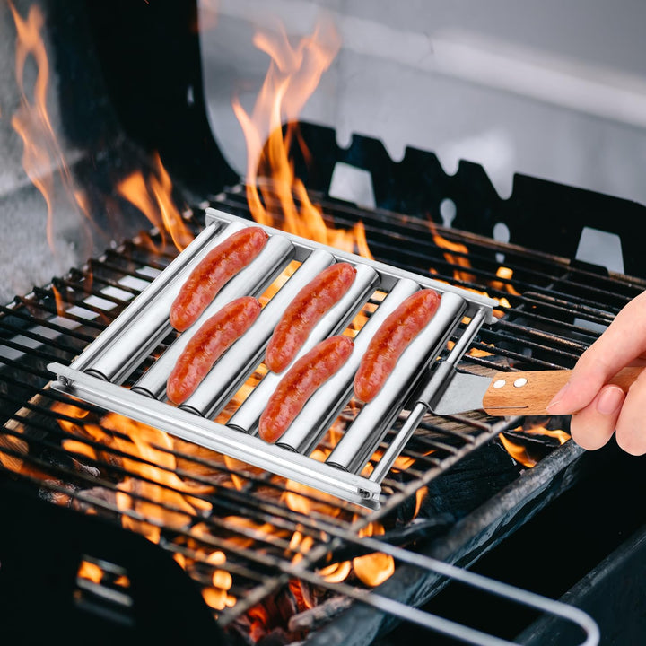 Hot Dog Roller, Edelstahl Wurstrollerständer mit 4 Gabeln und Holzgriff zubehör für grillplatte Wurs
