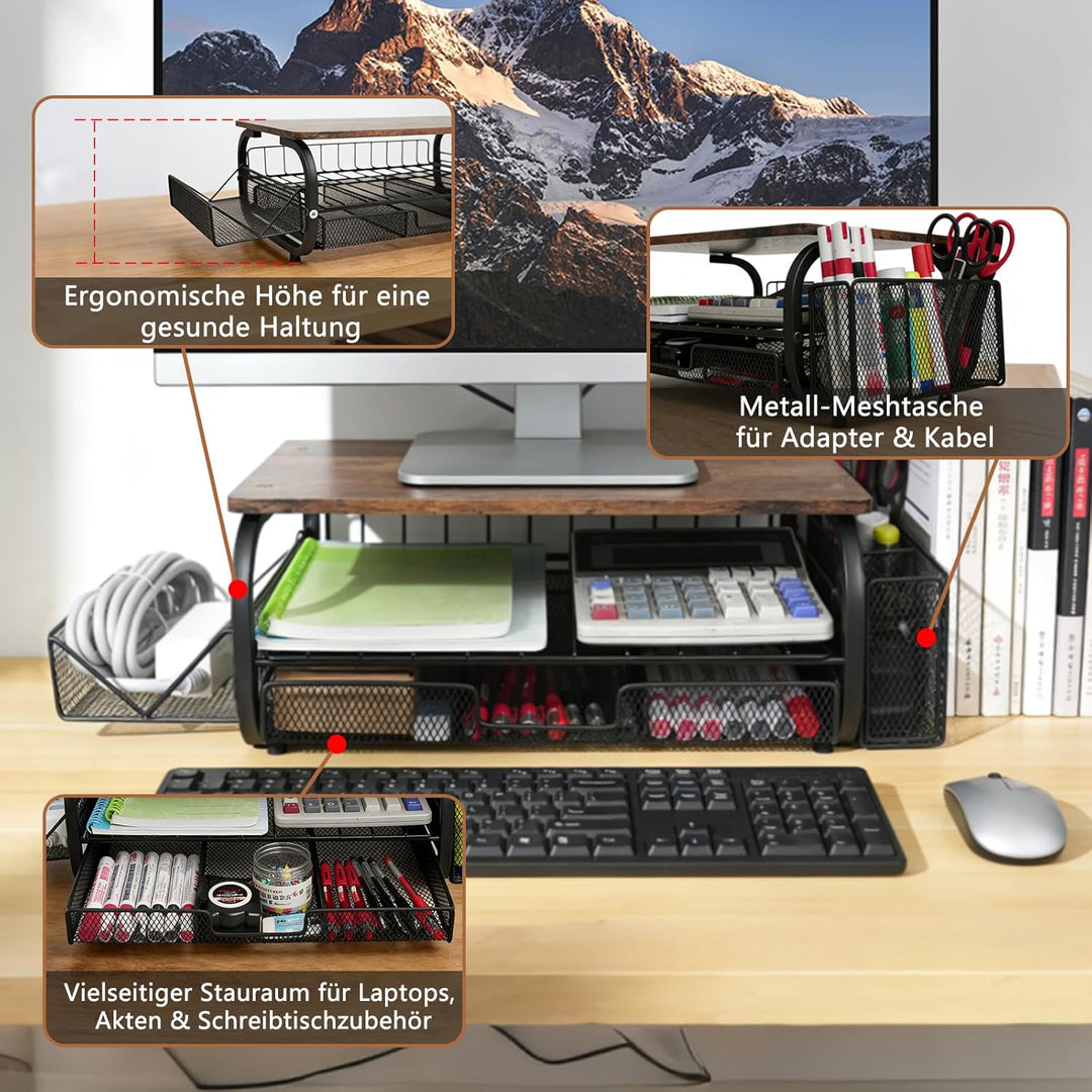 Monitorständer Holz Ergonomischer Monitorständer 30kg/66lbs, extra breite Netzablage + 3 Kabelbinder