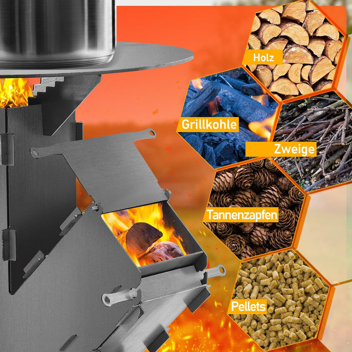 Raketenofen inkl. Grillplatte und Feuerhaken Rocket Stove Stecksystem aus massivem 3 mm dickem Stahl