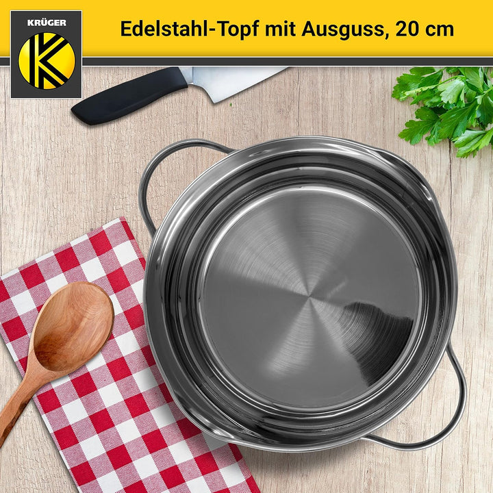 Krüger Edelstahl-Fleischtopf mit Ausguss - Kochtopf mit Ausgiesshilfen - mit Induktion - hitzebestän
