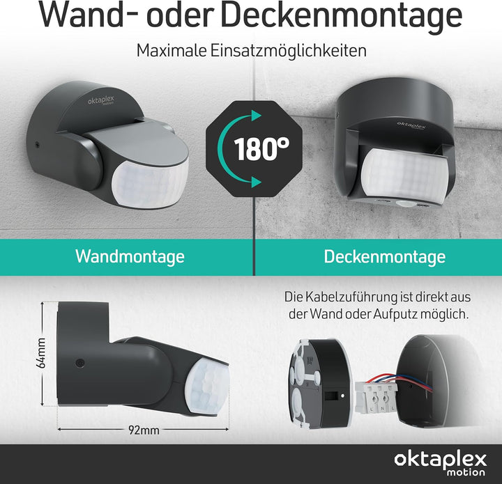Oktaplex Bea Bewegungsmelder Aussen IP65 schwenkbar 180° Infrarot-Sensor 12m Reichweite 230V anthraz