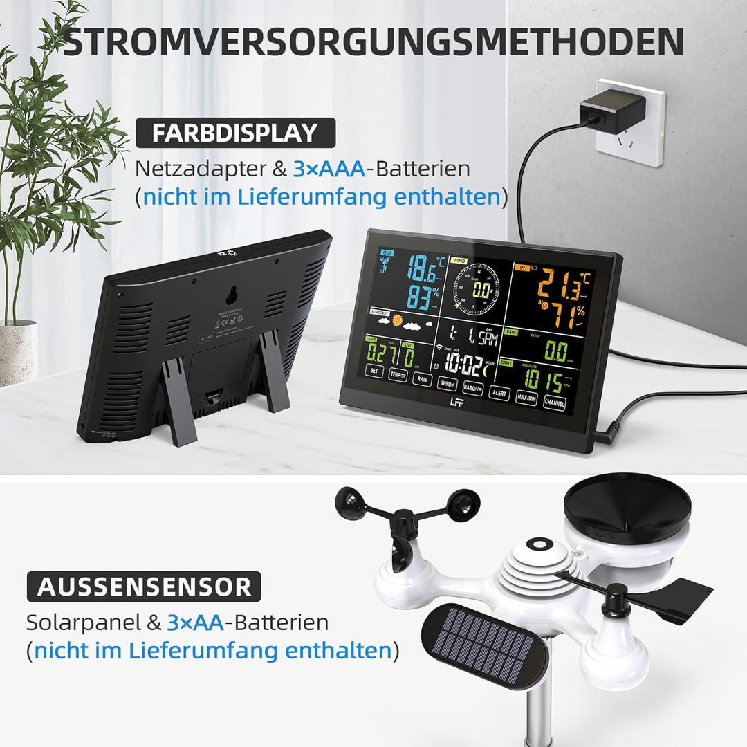 LFF WLAN Wetterstation mit 7in1 Funk Aussensensor, Funkwetterstation mit 7,5-Zoll Digital, Regenmess