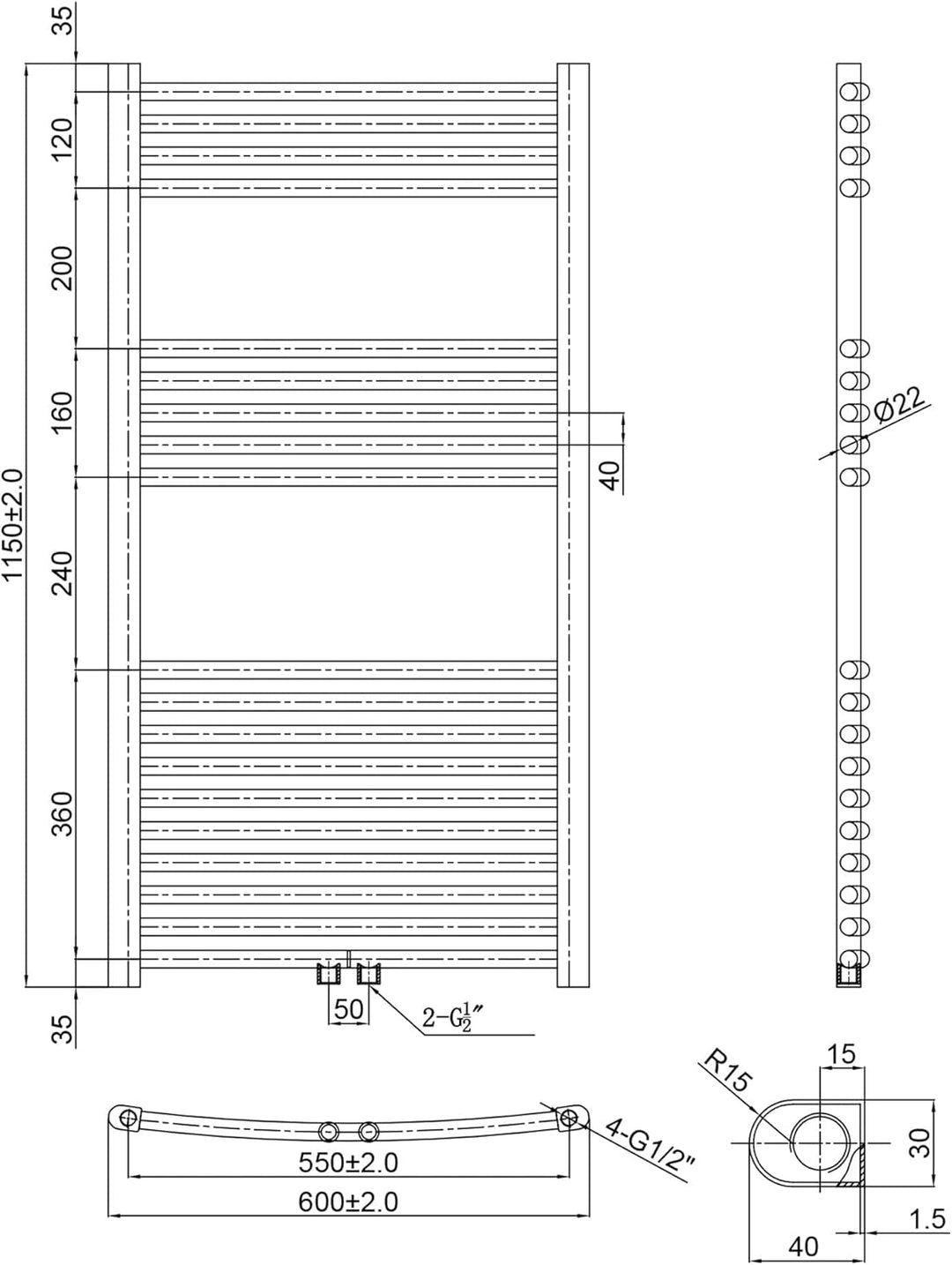 SONNI Badheizkörper Elektrisch mit Thermostat 1150x600 mm Anthrazit Gebogen Handtuchtrockner Mittela