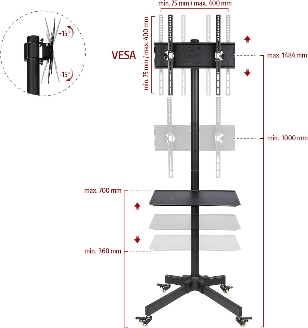 Ergosolid mit Rollen, verstellbar, für LCD-Fernseher von 32 – 55 Zoll, neigbar, VESA max. 400 x 400