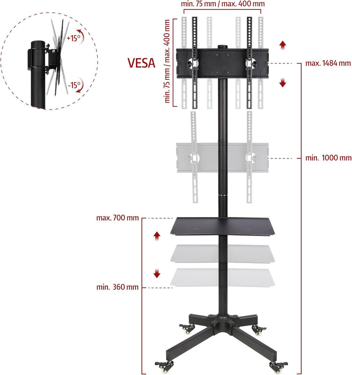 Ergosolid mit Rollen, verstellbar, für LCD-Fernseher von 32 – 55 Zoll, neigbar, VESA max. 400 x 400