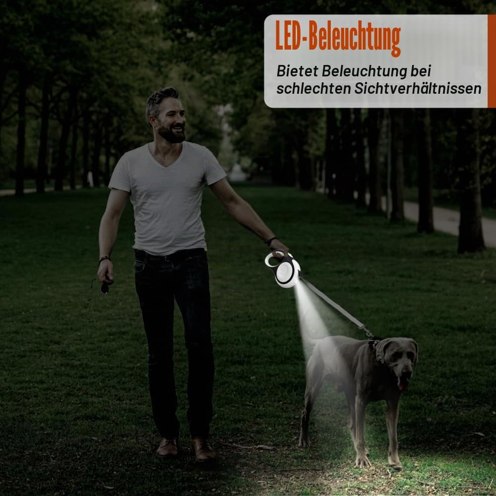 Hunde Rollleine mit LED Licht, 3/5 m Einziehbar Hundeleine, 360° Verwicklungsfrei Ausziehbar Leine m