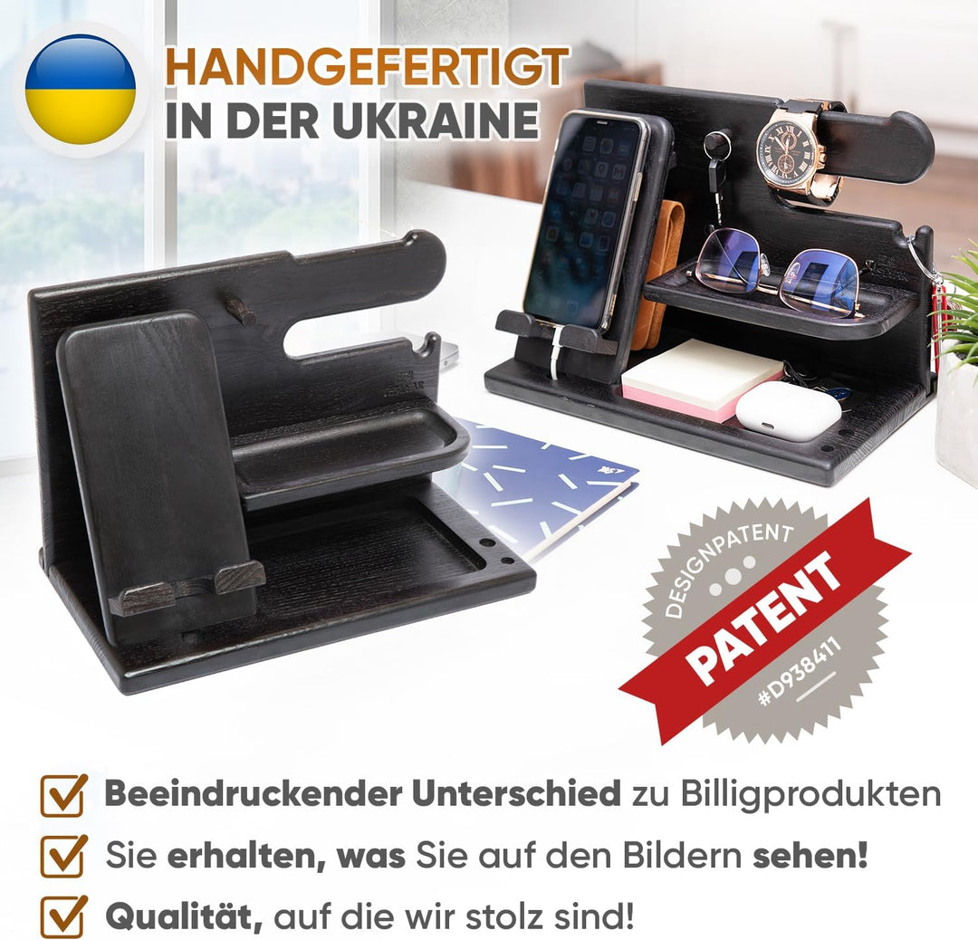TESLYAR Männer Docking Station & Schreibtisch Organizer Holz mit Handyständer Schwarz für Büro Aufbe