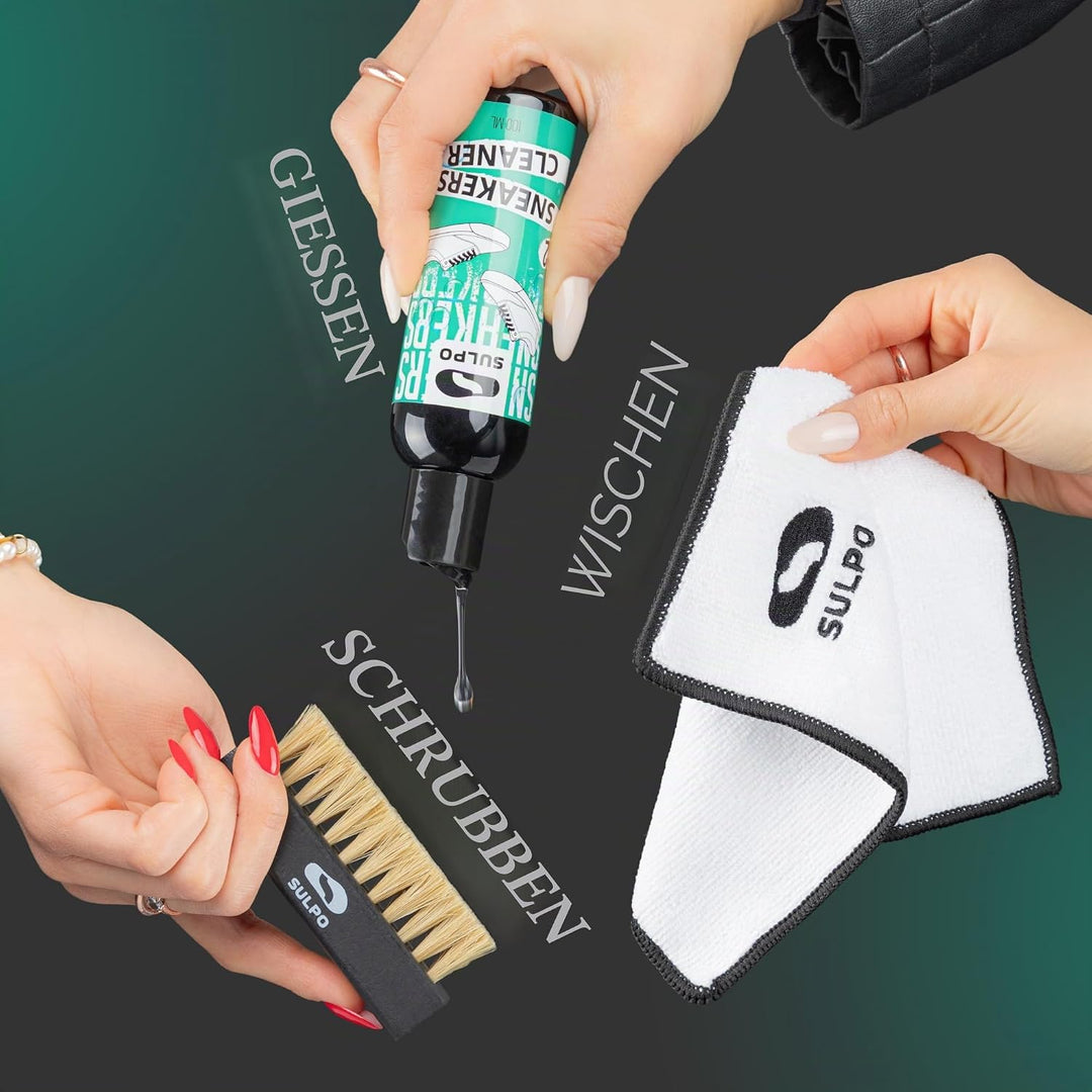 SULPO Sneaker Reinigungsset – pH-Neutrale Schuhputzsets, Bürste &amp; Mikrofasertuch, Schonend für Leder