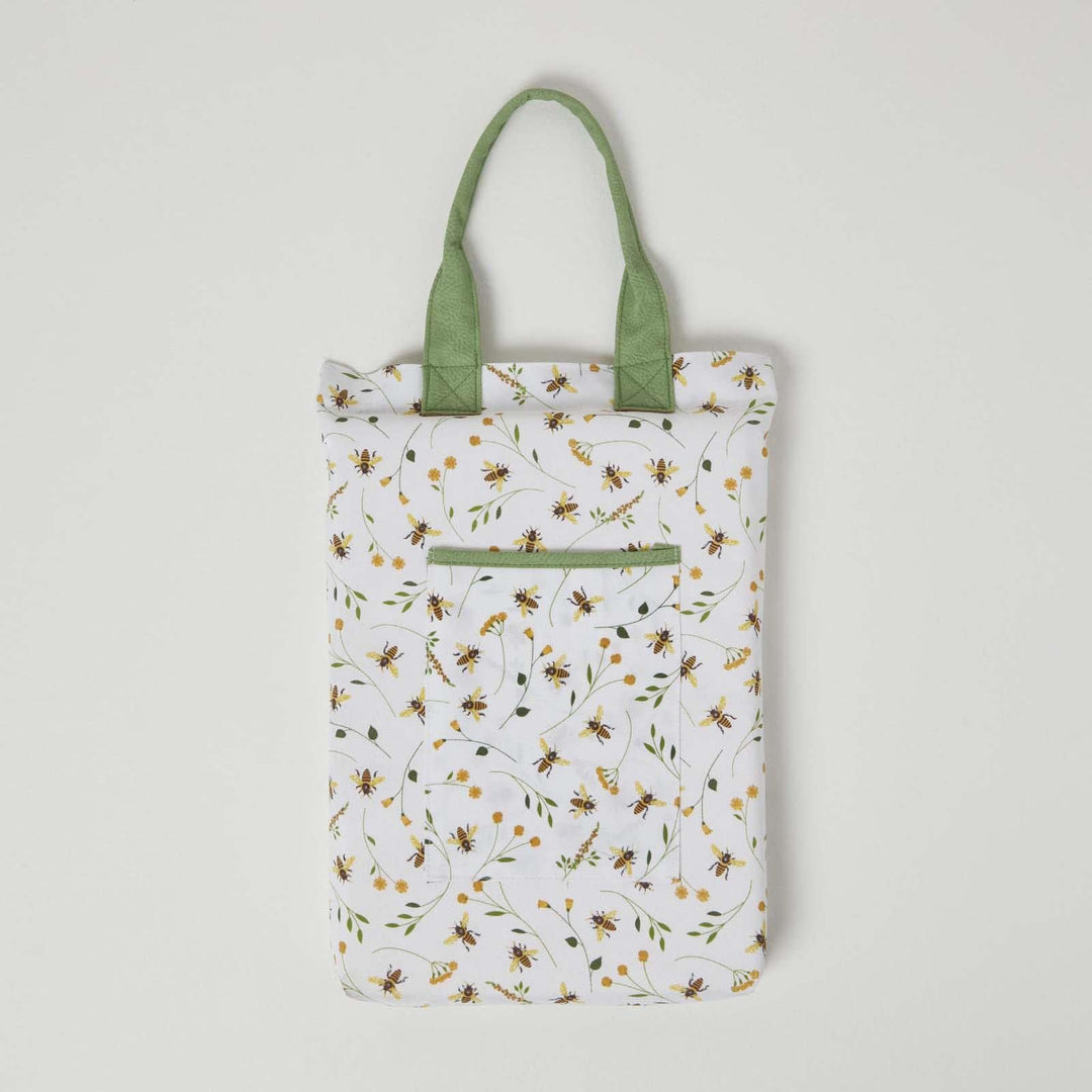 Homescapes Garten-Kniekissen mit Band, Design Blumen & Bienen grün-weiss, 27x40 cm grosse Kniematte