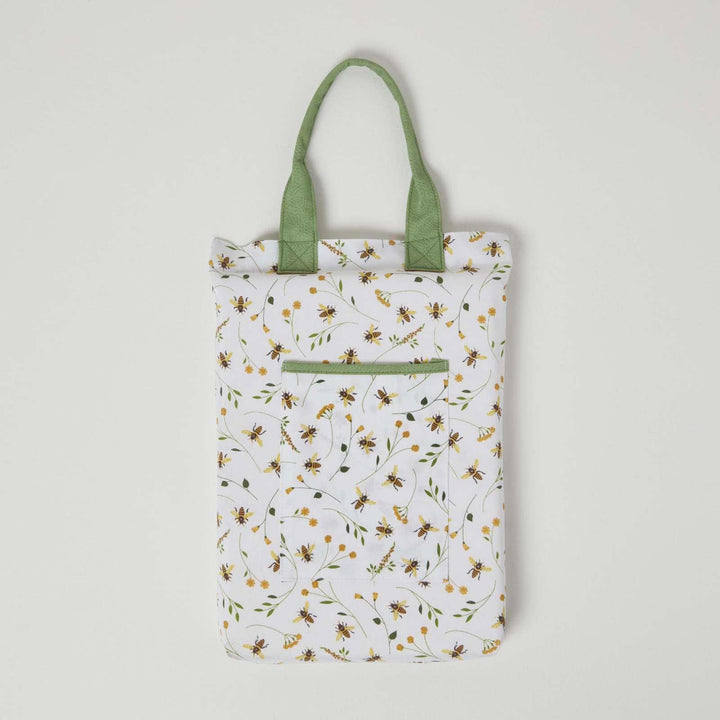 Homescapes Garten-Kniekissen mit Band, Design Blumen & Bienen grün-weiss, 27x40 cm grosse Kniematte