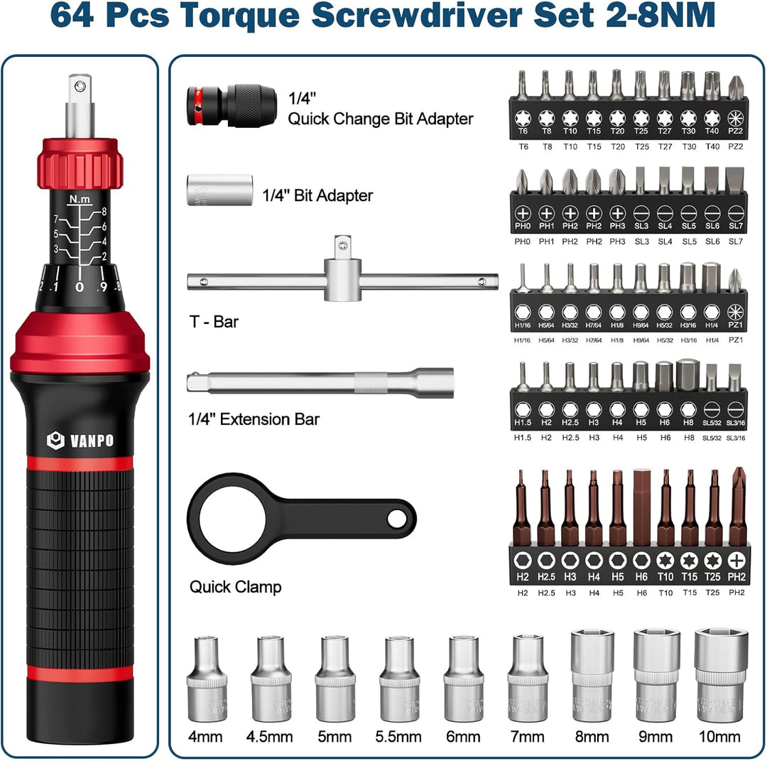 VANPO Drehmomentschraubendreher 1/4'', 64 tlg. 2-8 Nm Drehmomentschlüssel Schraubendreher Set mit T-