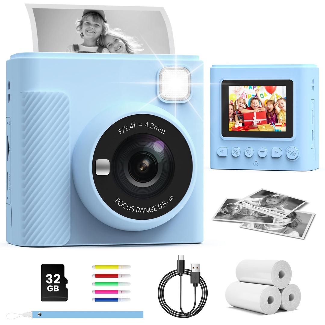 Kinderkamera Sofortbildkamera, 2,4 Zoll Sofortbildkamera Kinder mit 32G Karte und Fotopapier Drucken