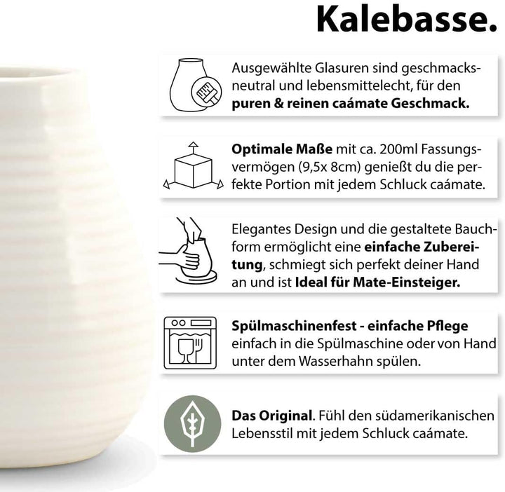 Yerba Mate Tee Set ● Das Original ● Keramik Matebecher + Edelstahl Bombilla (weiss), Weiss