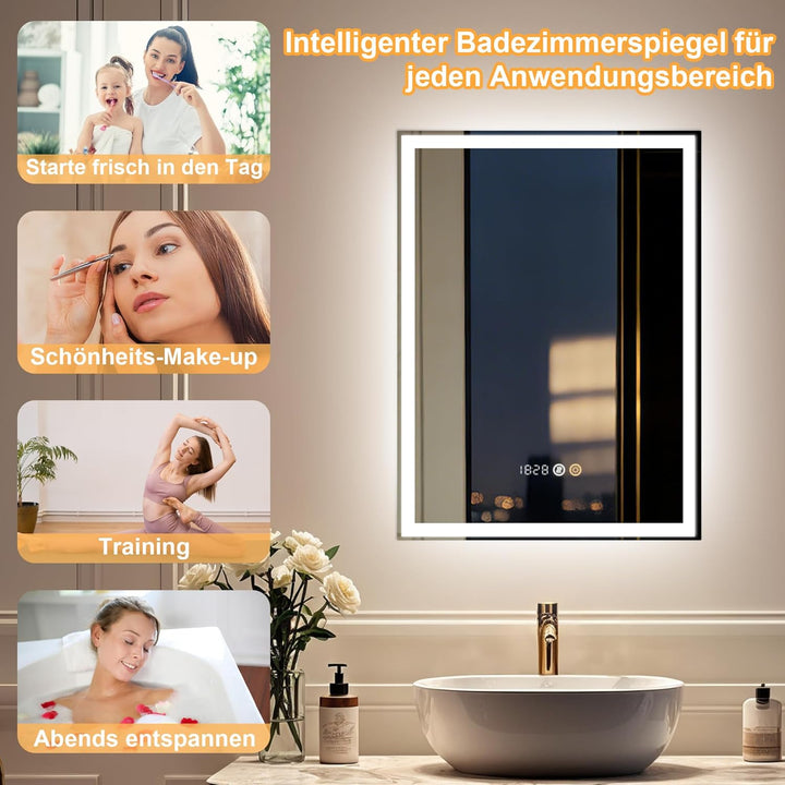 Beleuchteter Spiegel 45 x 60 cm, beleuchteter Badspiegel, LED-Spiegel mit Uhr, 3 einstellbare Lichtf