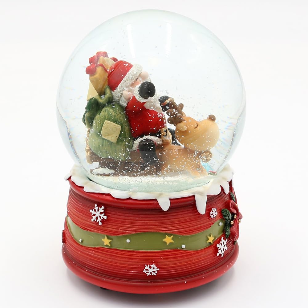 Schneekugel Fröhlicher Weihnachtsmann mit Rentier auf weihnachtlichen Sockel, mit Spielwerk, Melodie