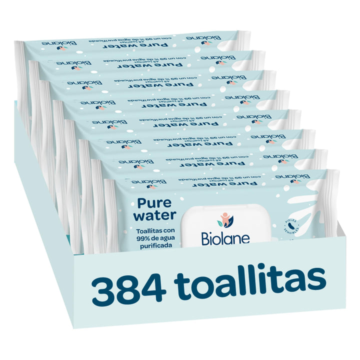 Biolane Reinwasser-Tücher, 384 Tücher (8 Packungen mit 48 Stück), 99% gereinigtes Wasser, nur 4 Zuta