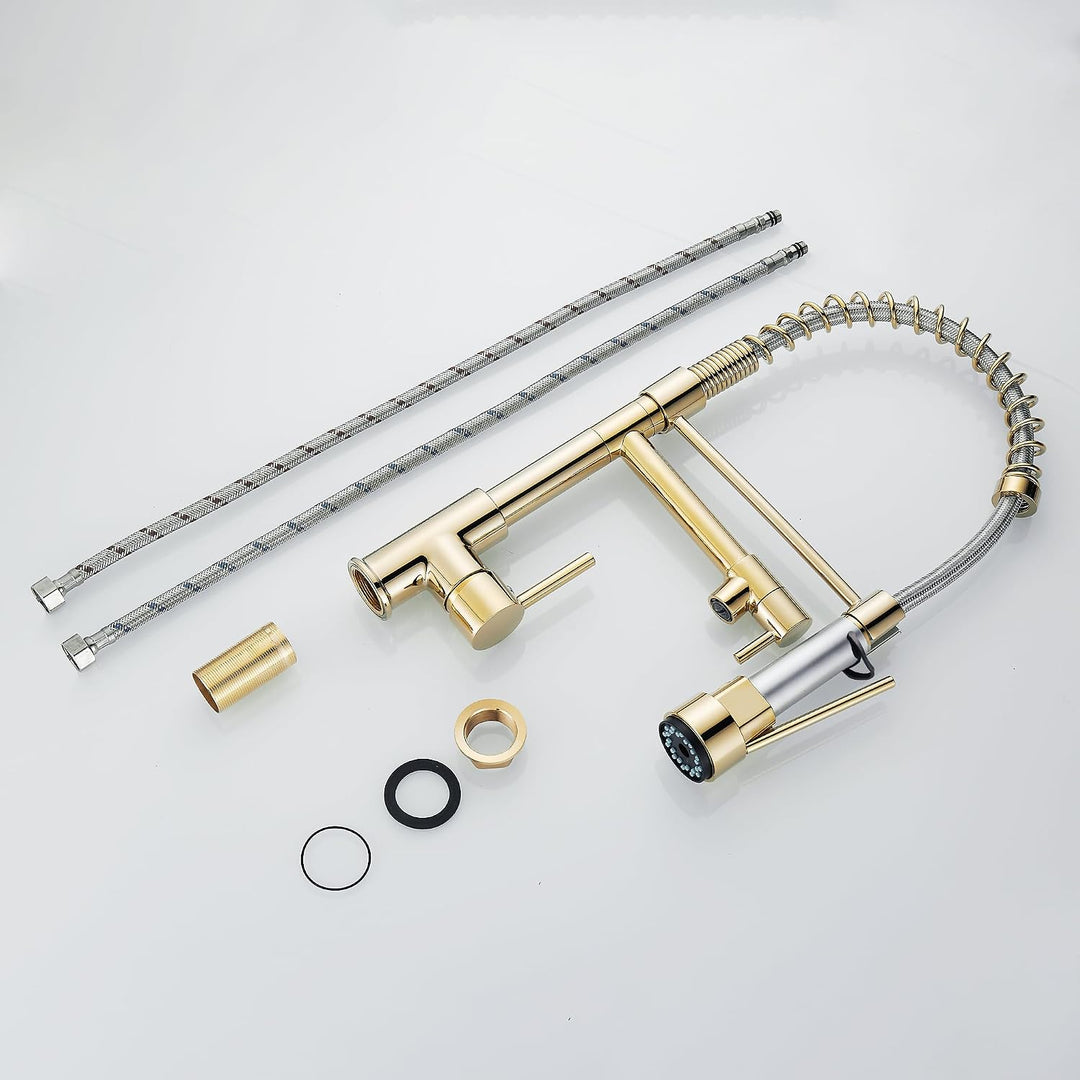 Waschbeckenarmatur mit ausziehbarem Sprüher, hoher Bogen, Einhebelmischer, Küchenarmatur, Farbe Gold