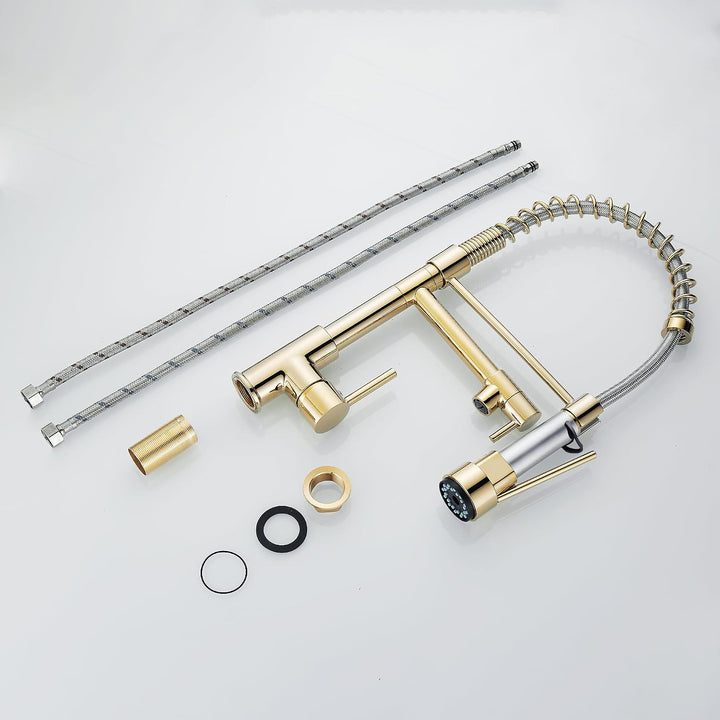 Waschbeckenarmatur mit ausziehbarem Sprüher, hoher Bogen, Einhebelmischer, Küchenarmatur, Farbe Gold