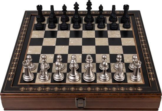 Handgefertigtes Holz Schachbrett mit Aufbewahrungssystem, Schachfiguren aus Metall, Deluxe Edition,
