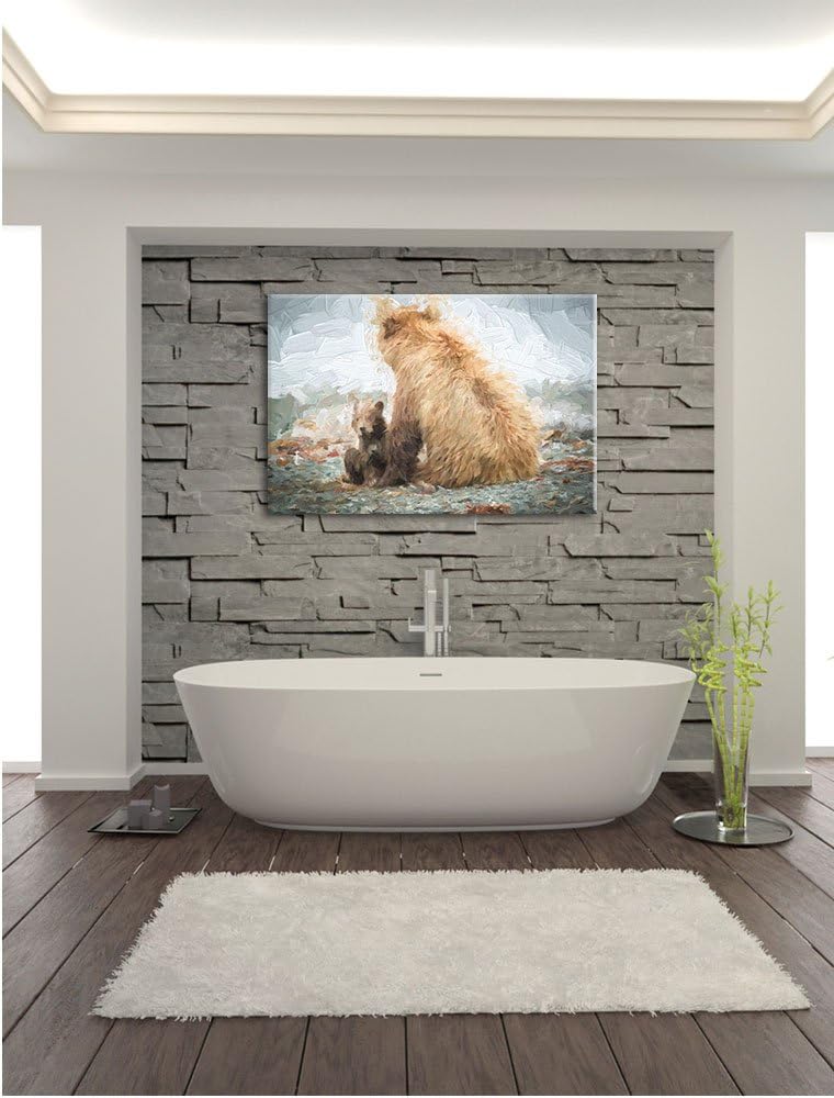 Pixxprint Bär mit Baby nach dem Baden / 100x70cm Leinwandbild bespannt auf Holzrahmen/Wandbild Kunst