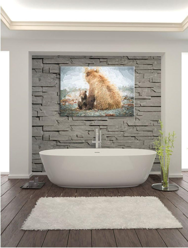Pixxprint Bär mit Baby nach dem Baden / 100x70cm Leinwandbild bespannt auf Holzrahmen/Wandbild Kunst