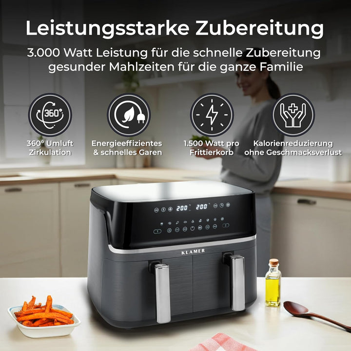 KLAMER Heissluftfritteuse Duo 9 L – Doppelkammer Airfryer mit 2 Körben & Digitaldisplay, 10 Automati