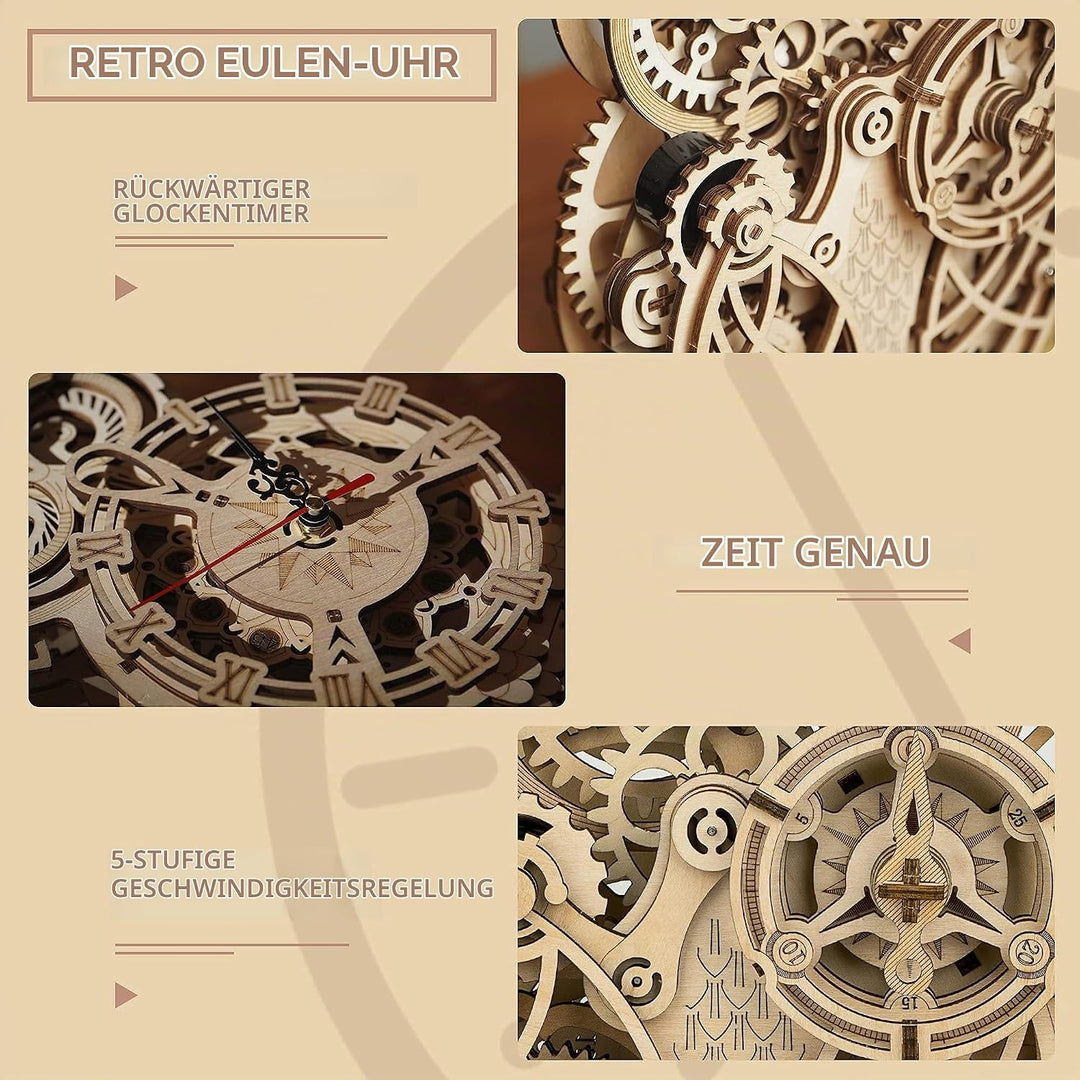 Robotime 3D Puzzle Holz Eule Uhr, Hölzerne Mechanische Modellbausatz für Erwachsene, Handwerk Holzba