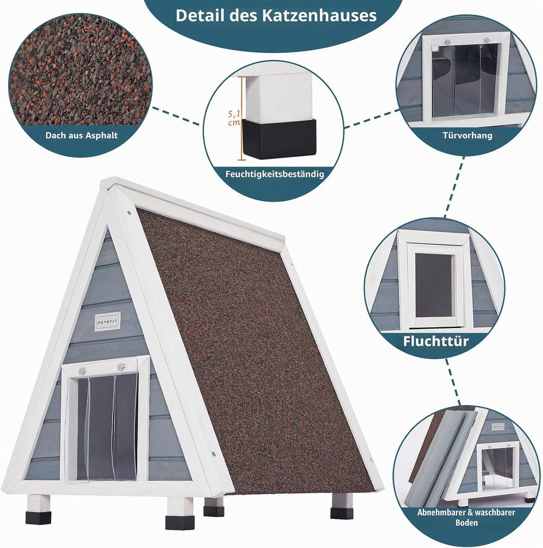 Petsfit Katzenhaus Outdoor Winterfest mit Fluchttür Katzenhaus Outdoor Holz mit erhöhtem Design Katz
