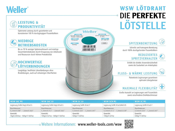 Weller WSW SAC L0 (T0051388399) Bleifreier Lötdraht, Ø 0,3mm, Legierung Sn96.5Ag3Cu0.5, Flussmittelg