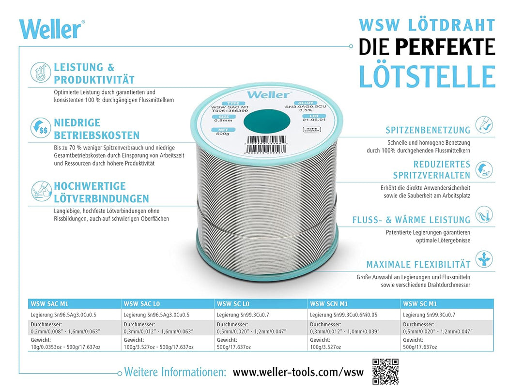 Weller WSW SAC M1 (T0051402599) Bleifreier Lötdraht, Ø 0,8mm, Legierung Sn96.5Ag3Cu0.5, Flussmittelg