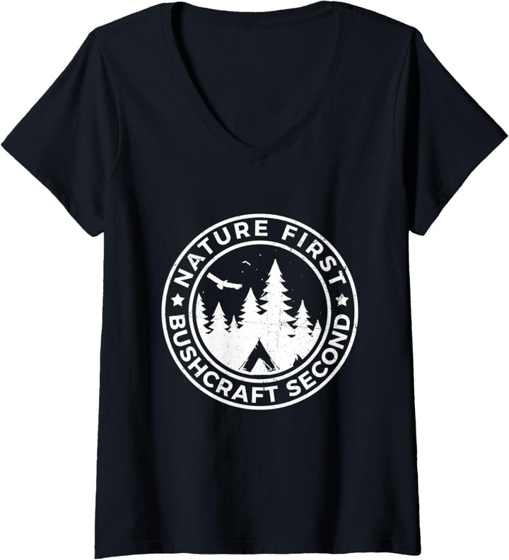 Damen Nature First Bushcraft Outdoor Bushcrafter Natur Survival T-Shirt mit V-Ausschnitt