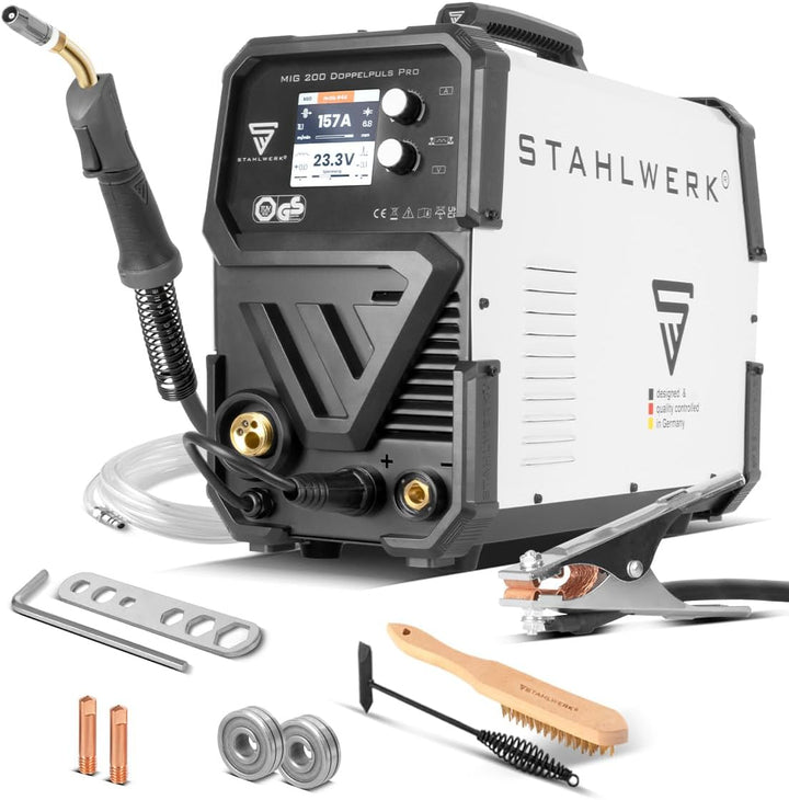 STAHLWERK MIG MAG 200 Doppelpuls Pro vollsynergisches Schweissgerät mit 200 Ampere und AK25/MB25 Sch