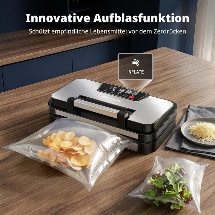 AIRMSEN 0,95 bar Vakuumiergerät mit Aufblasfunktion - Design mit Griffverriegelung und Integrierter