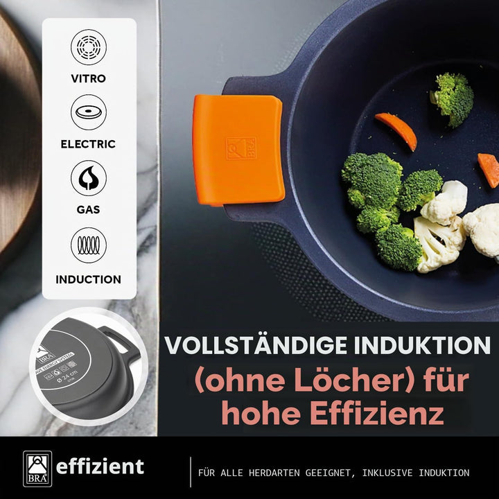 BRA Efficient | Niedriger Kochtopf mit Glasdeckel und Silikongriffen, 28 cm, mit Antihaftbeschichtun