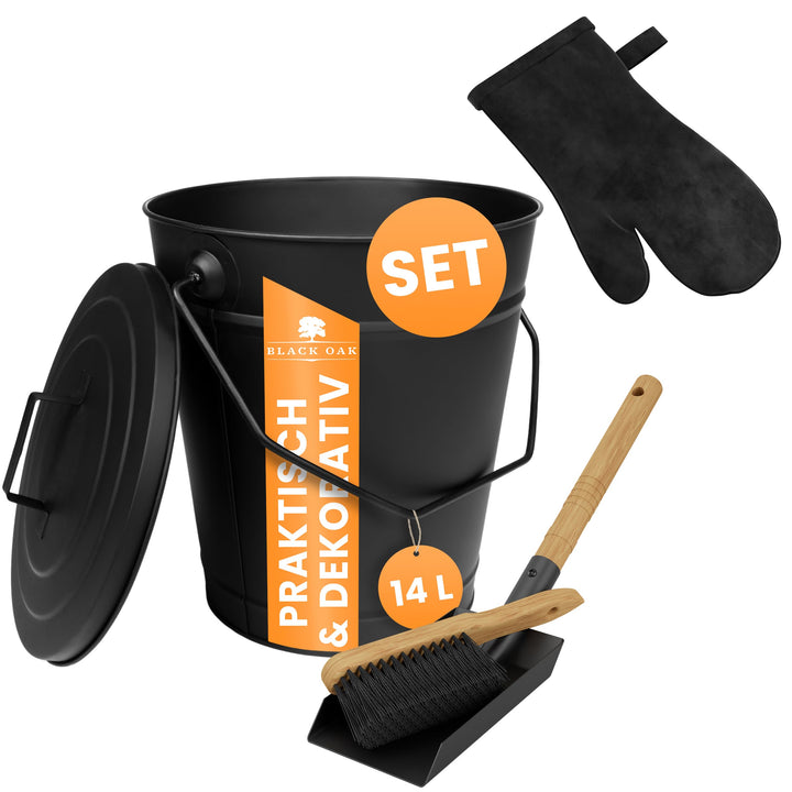 BLACK OAK Ascheeimer ETNA 14L – Set Schaufel Besen & Lederhandschuh schwarz | - gross 14 Liter - Sta