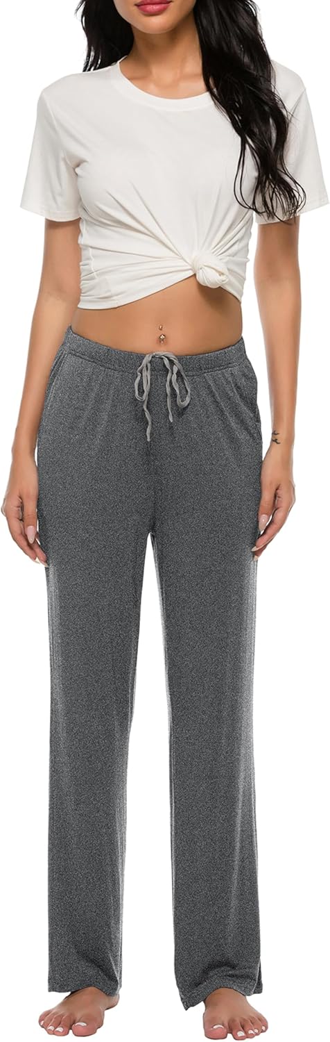JINSHI Damen Schlafanzughose Lang Pyjamahose Weich Modal Nachtwäsche Freizeithose, Schwarz+dunkelgra