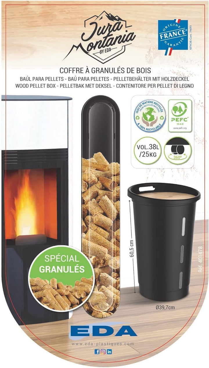 EDA - Jura Montania Pelletbox mit Rollen 38 l – für 25 kg Pellets – Schwarz, 010478 NO, Ø 39,7 x 60,
