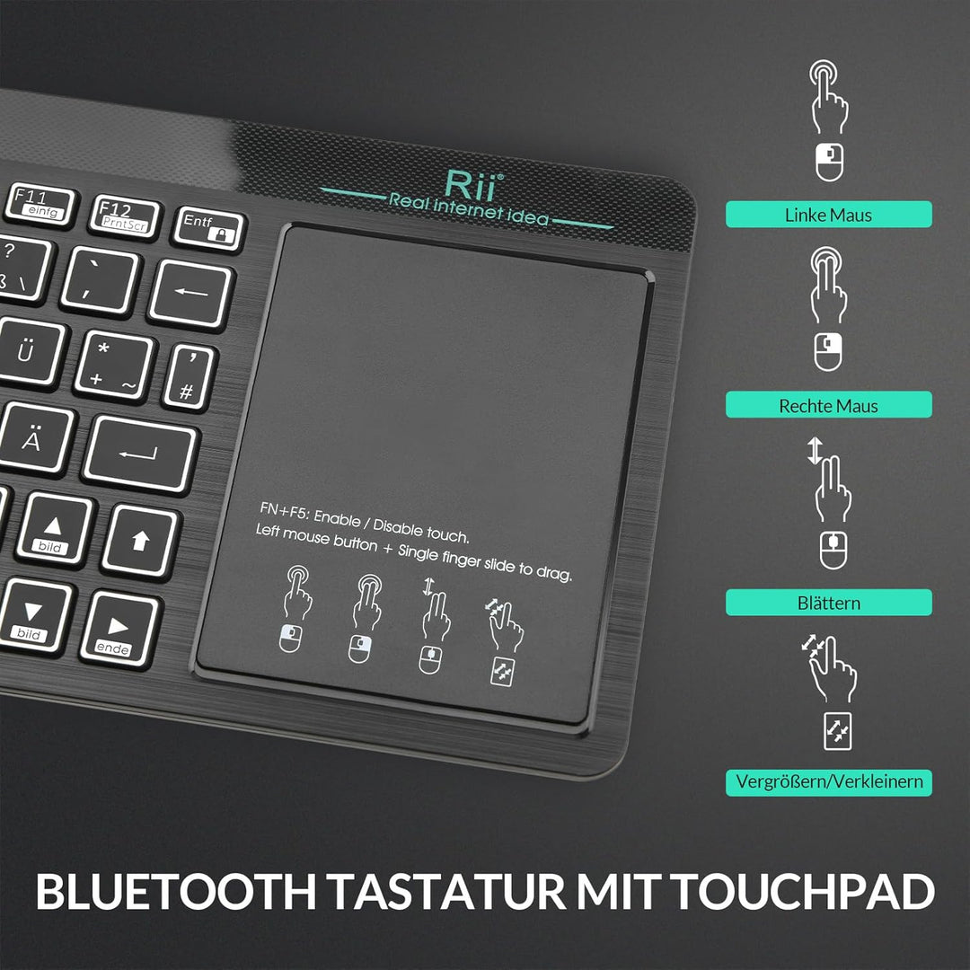 Rii Bluetooth Tastatur mit touchpad(Bluetooth 5.0 + 2.4G Wireless), Mini Tastatur Beleuchtet mit 2 L