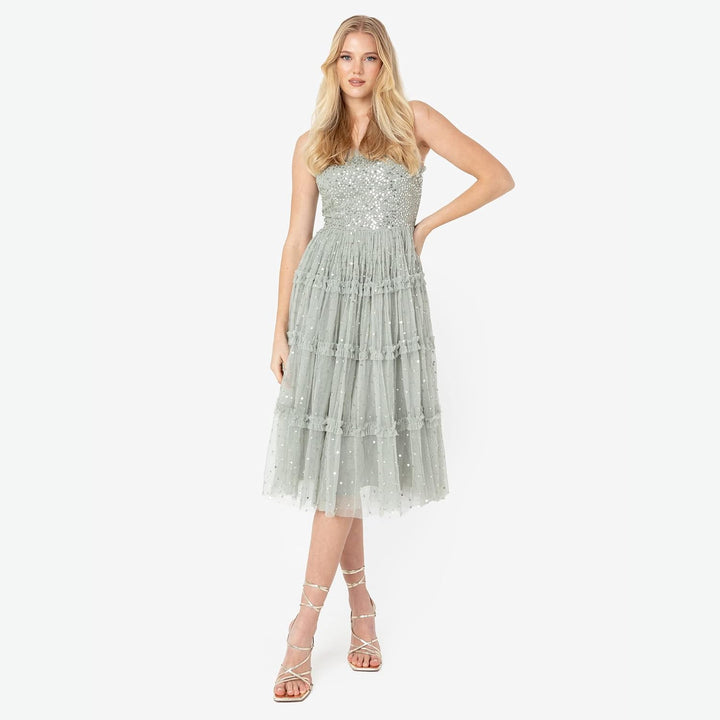 Maya Deluxe Damen Womens Midi Ladies Sequin Embellished Sleeveless Ruffle Dress for Wedding Guest Br