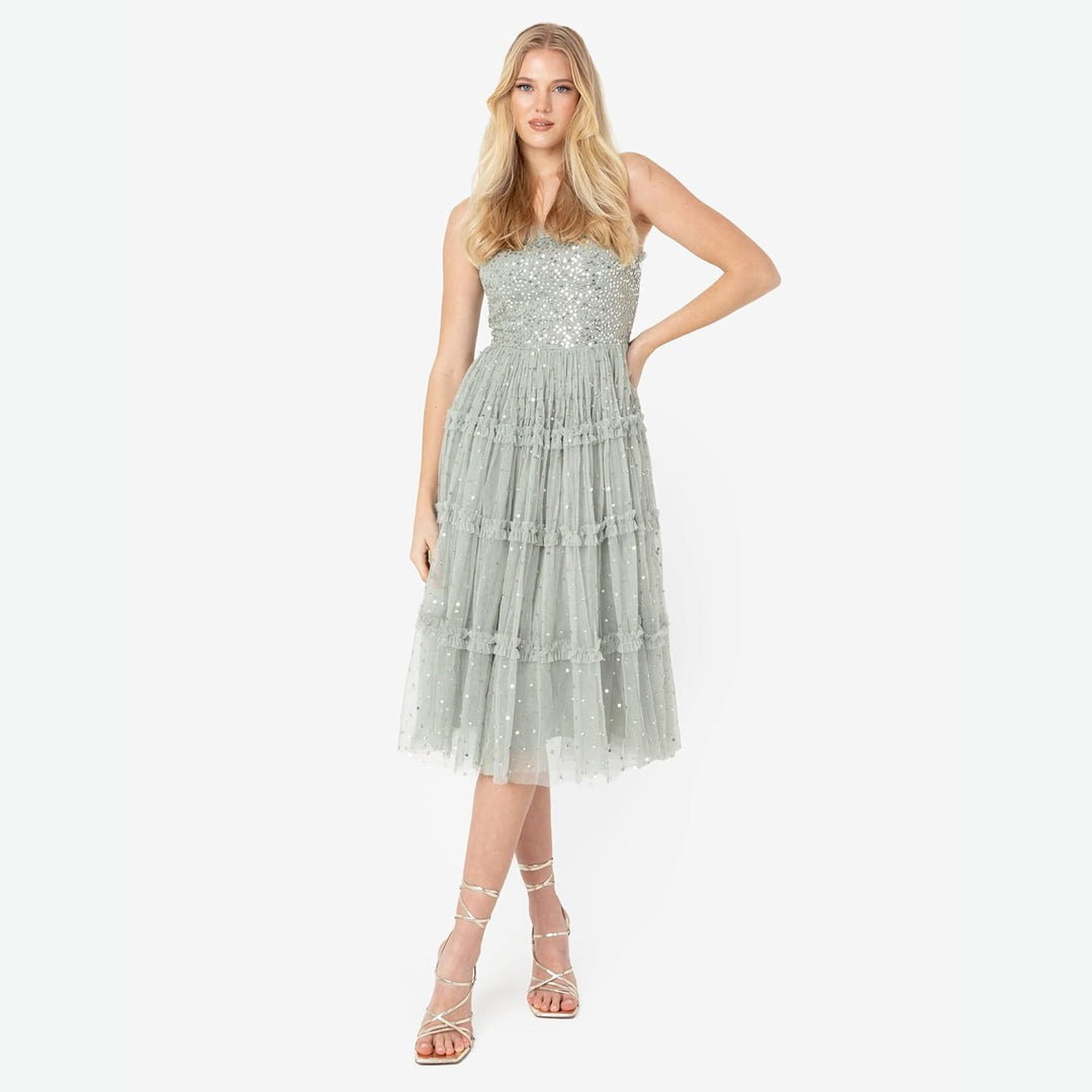 Maya Deluxe Damen Womens Midi Ladies Sequin Embellished Sleeveless Ruffle Dress for Wedding Guest Br