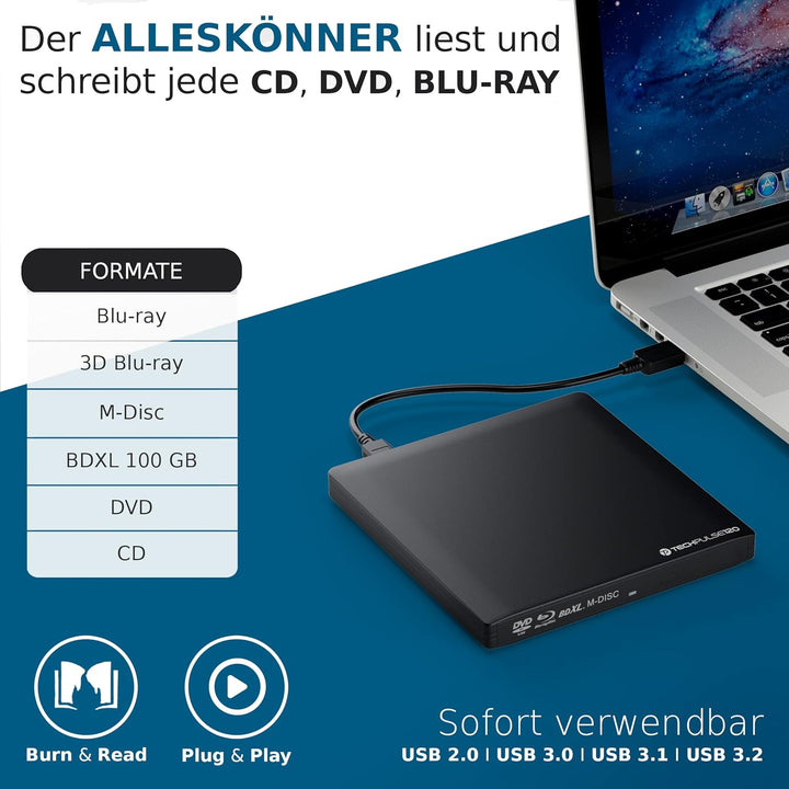 techPulse120 USB 3.0 Typ-C externer Blu-ray Brenner 3D M-Disc BDXL 100GB Burner Superdrive Blueray L