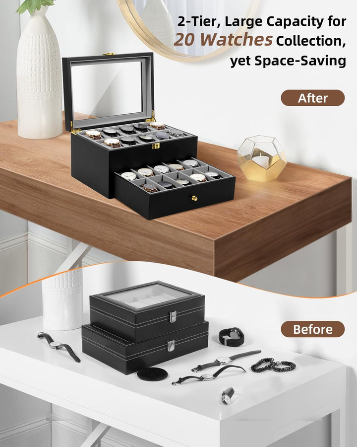 Uten Uhrenbox Holz mit 20 Fächern, Uhrenkasten Herren Damen schwarze Aufbewahrungsbox Holz E- Für 20