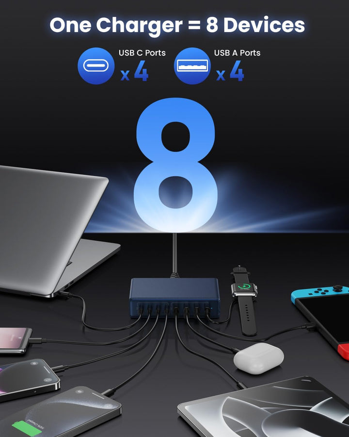 200W USB C Ladegerät Mehrfach, 8-in-1 GaN III USB C Netzteil Schnellladegerät mit QC4.0 USB-A, PPS P