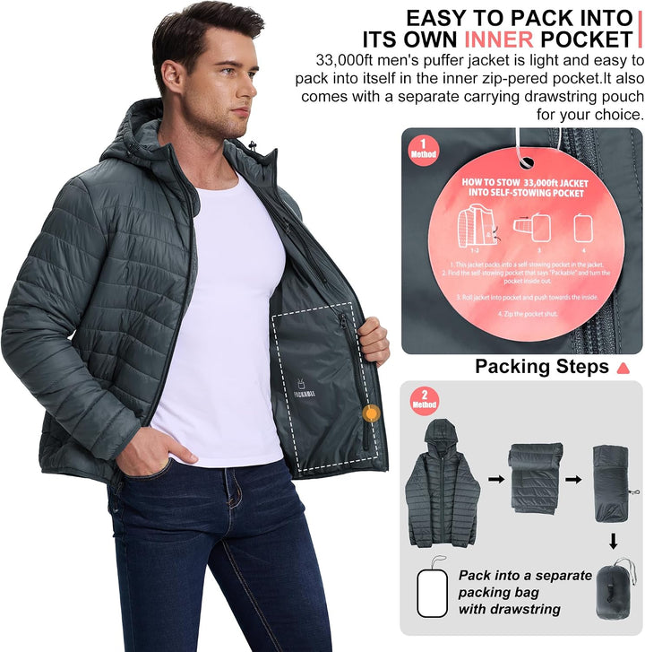 33,000ft Herren Leichte Steppjacke Outdoor Wasserbeständige Übergangsjacke Warme Winterjacke für Män