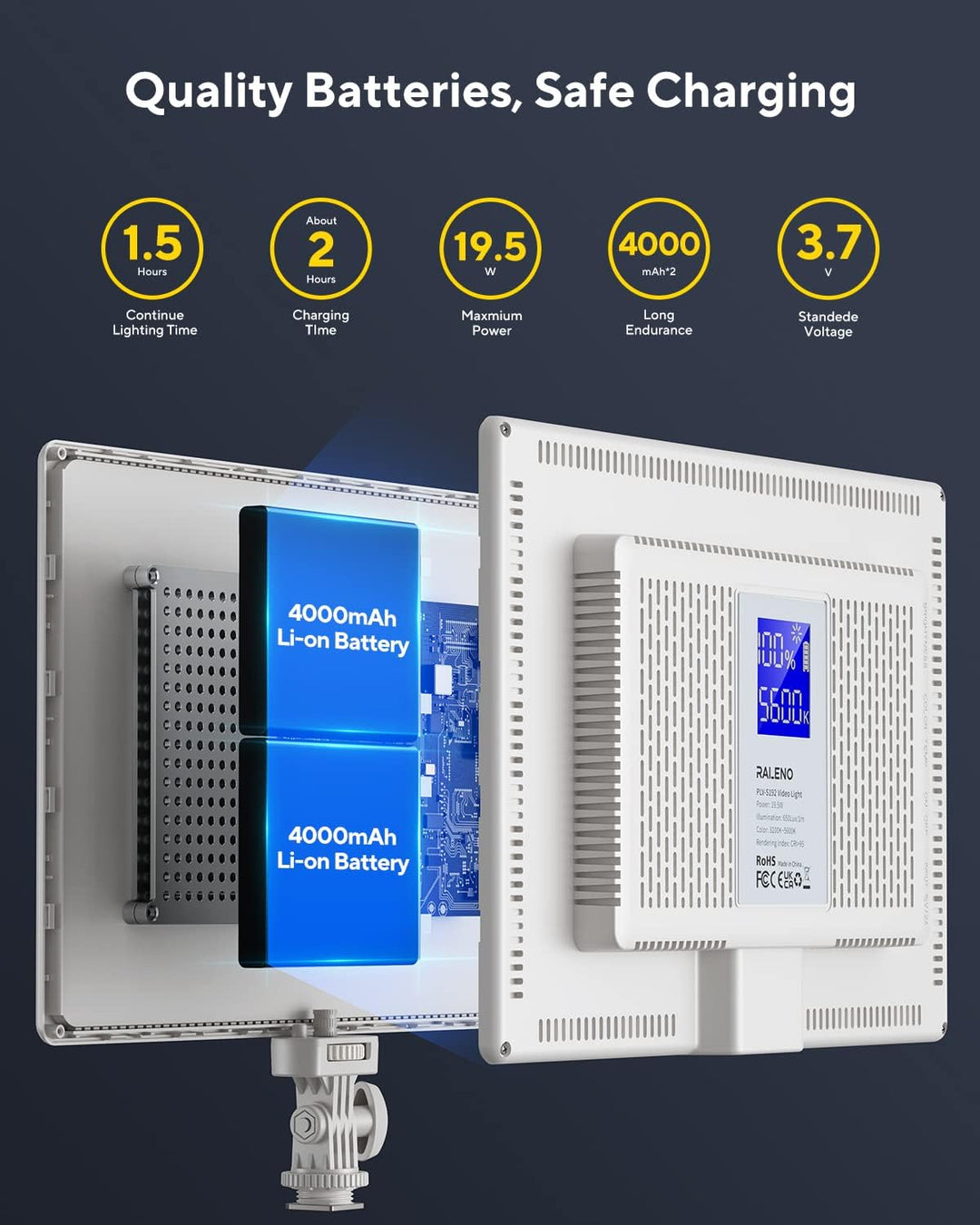RALENO LED Videoleuchte, eingebauter 4000 mAh * 2 Akku 3200-5600 K CRI95 0-100% Helligkeitseinstellu
