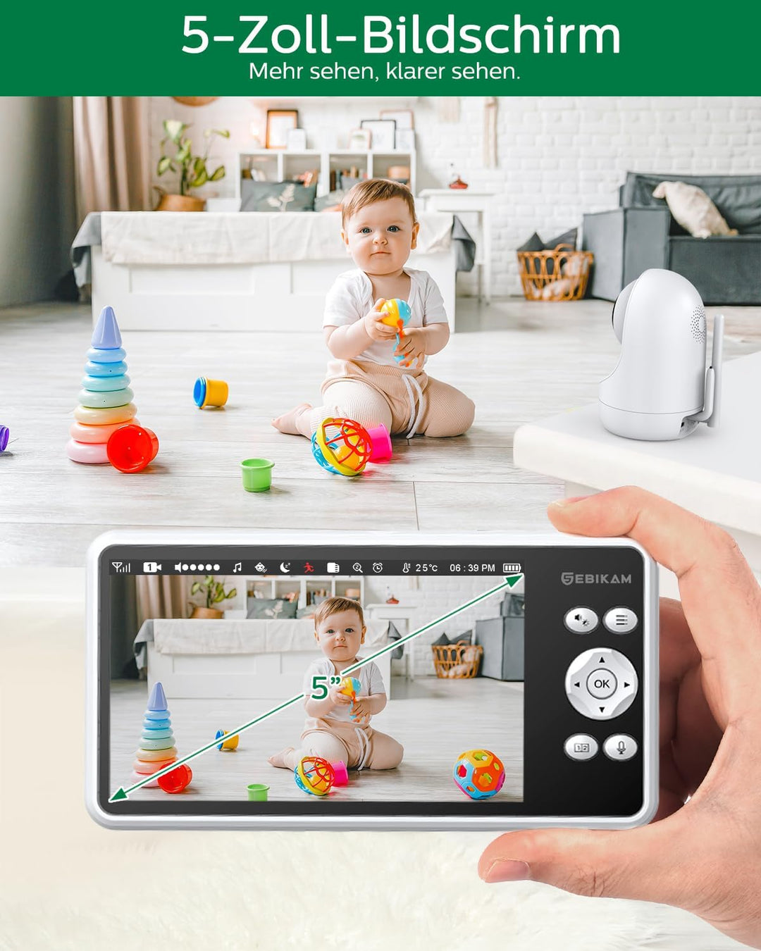 Sebikam Babyphone mit Kamera 5 Zoll 720P HD Bildschirm Video Baby Monitor, 4000mAh Akku PTZ 355° Bab