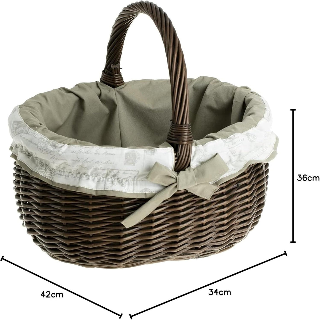 Einkaufskorb aus Weide, Weidenkorb in weiβ, oval, Bügelkorb mit Garnierung, Geschenkkorb (Dunkelbrau